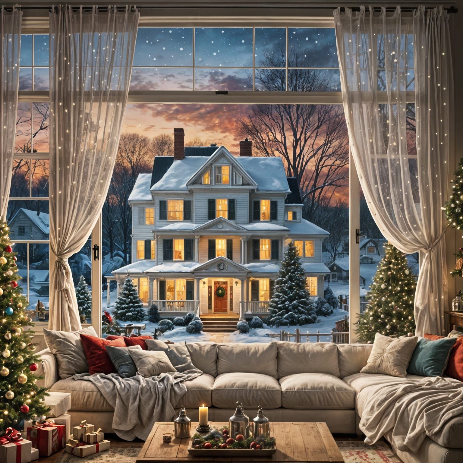 Christmas Farmhouse Living Room at Dusk
