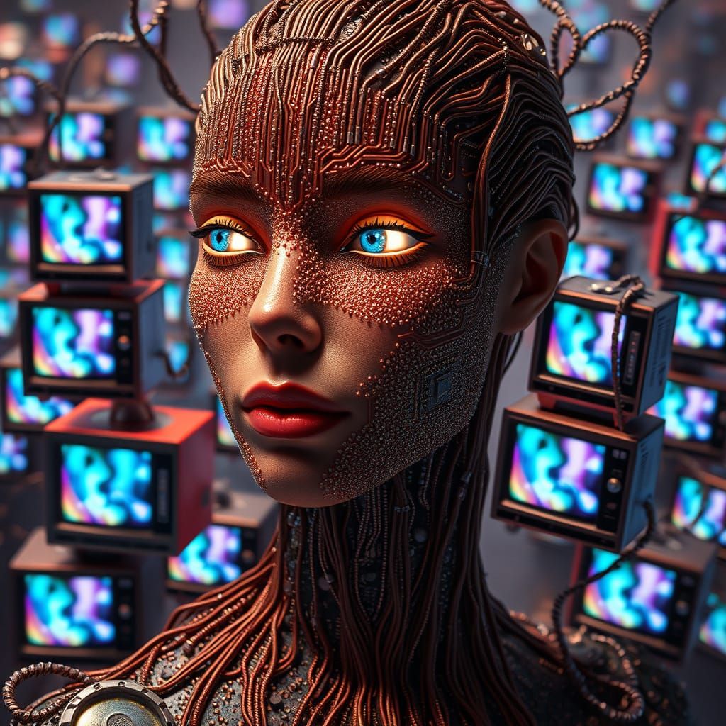 Futuristic Cyber Goddess Amidst a Surreal Electronic Landsca...