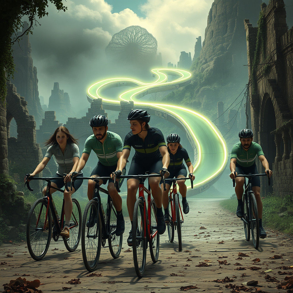 Cyclists in Ancient Ruins Approaching Cursed Racetrack