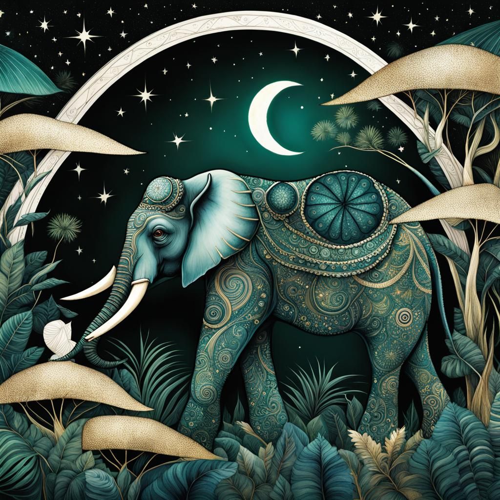 Elephant in Starry Jungle Night: Digital Watercolor