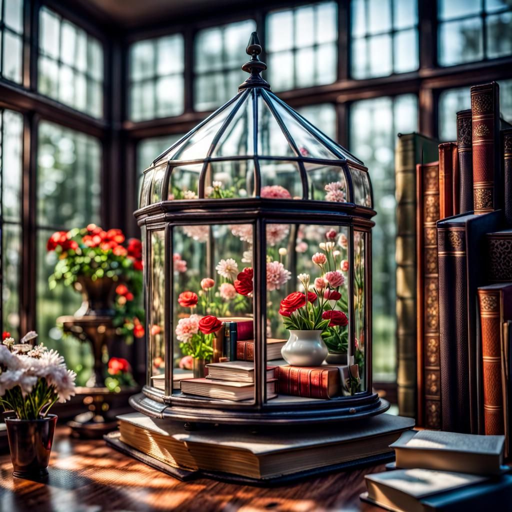Cozy Glass House Diorama with Flowers and Books