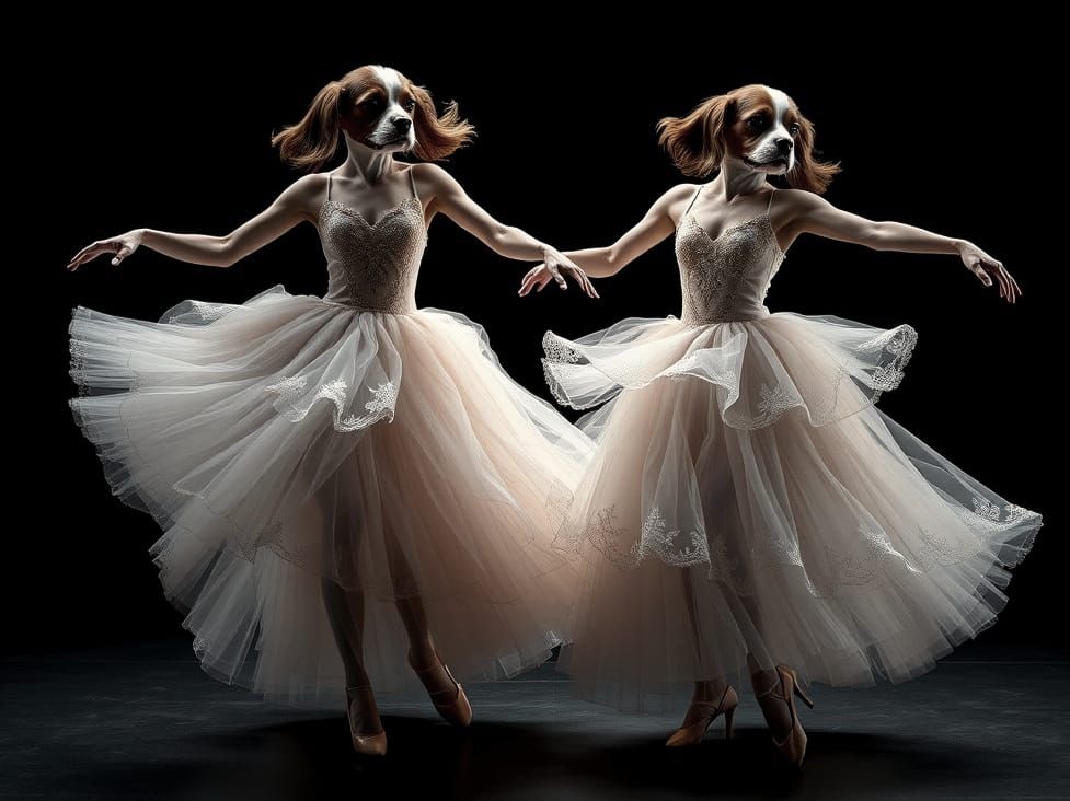Ballerinas in Dog Masks Dance in Black Light