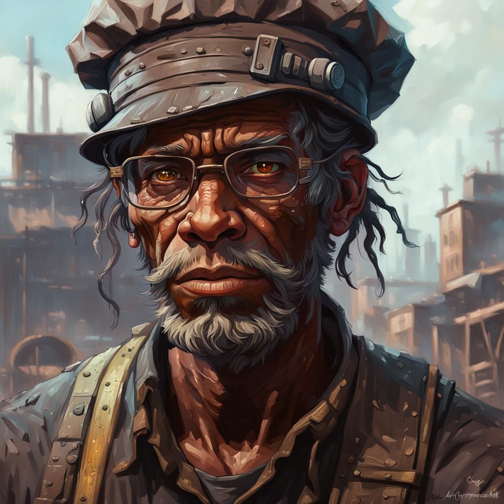 Apocalyptic Factory Worker Portrait in Oil Painting Style
