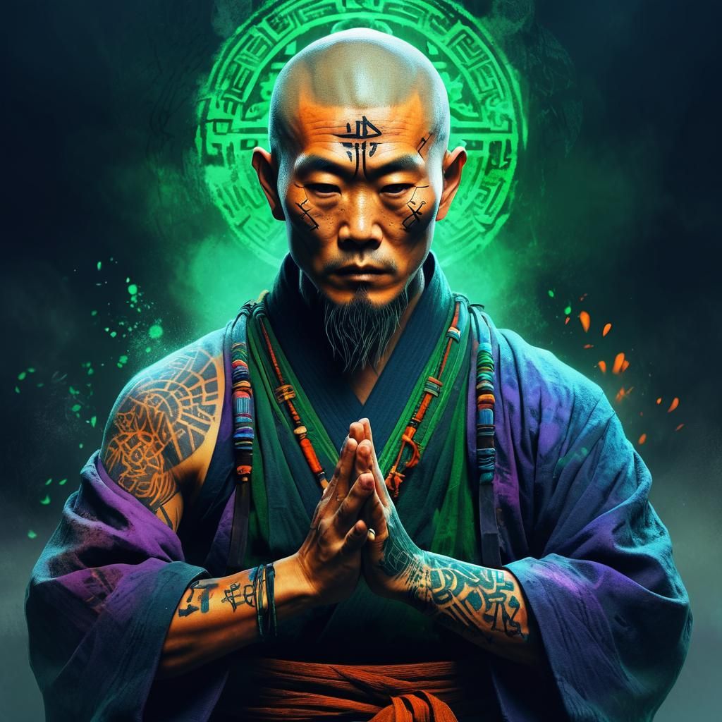 Nordic-Japanese Monk Performs Magic in Art Nouveau Style