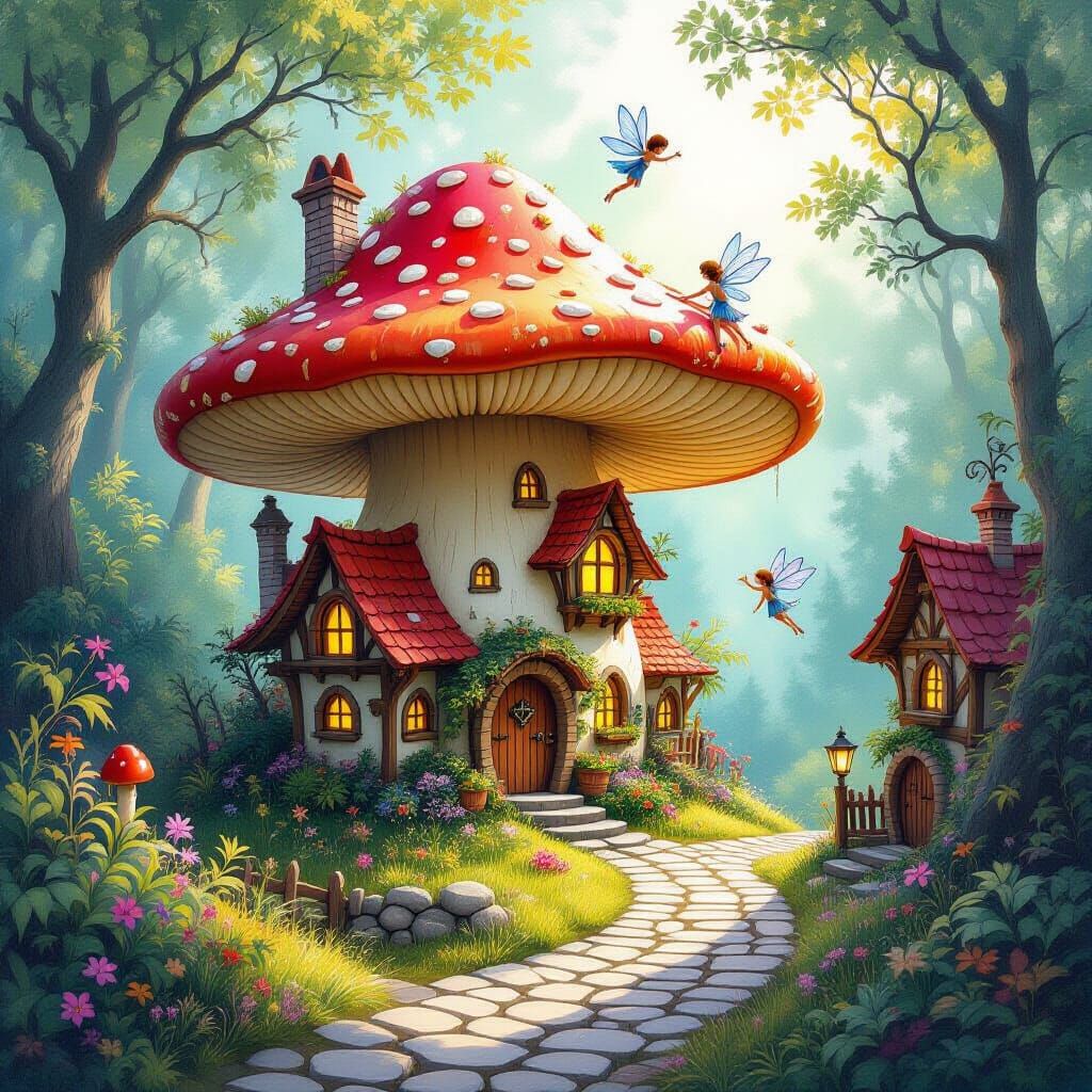 Magical Fairy Village in Hollowed Mushroom, Watercolor Style