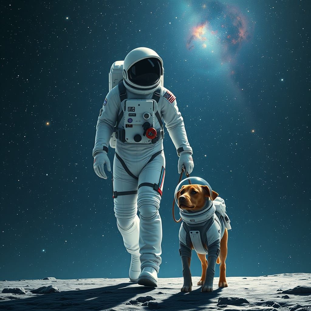 Astronaut and Dog Walk in Futuristic Galaxy