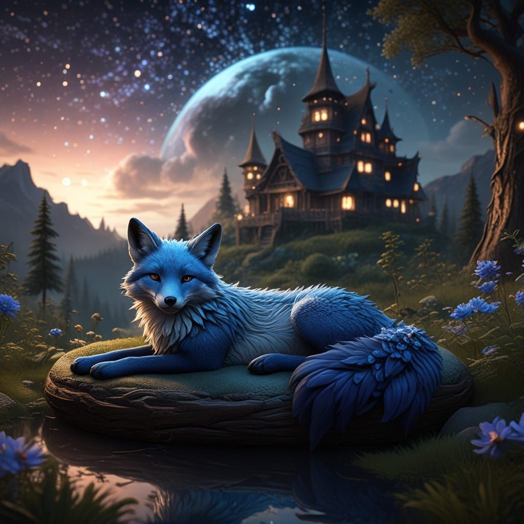 Chubby Blue Fox at Rest in Celestial Sanctuary