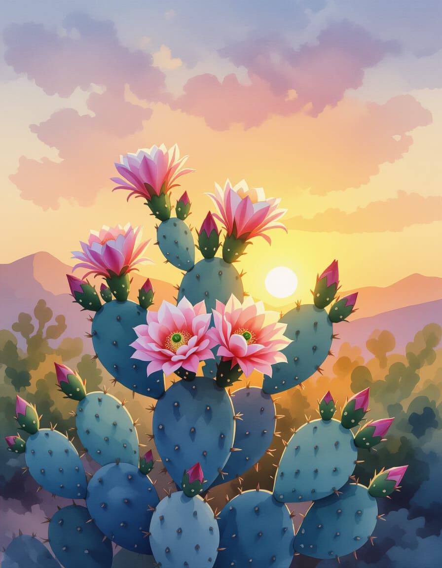 Blooming Cactus in Watercolor Sunset