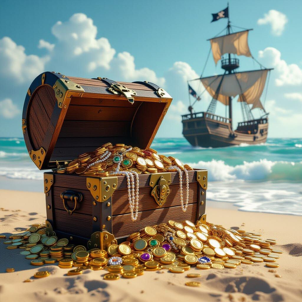 Sunlit Beach Treasure Chest with Pirate Ship