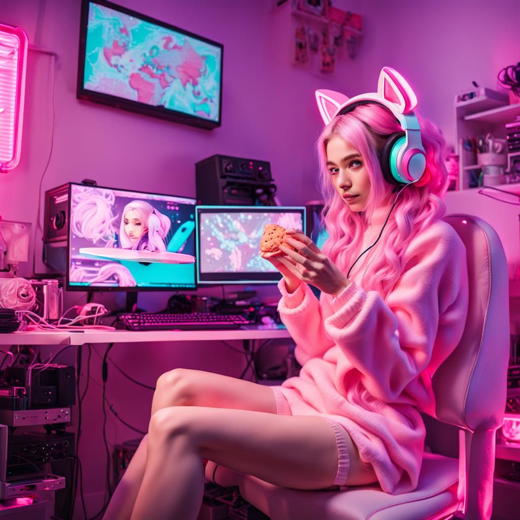 A e-girl like Belle delphine playing an intense pc game in her room of pale colors and neon ,wearing pink cat headphones...