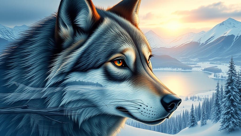 Wolf Portrait with Snowy Landscape, Animated Style
