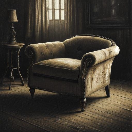 Worn Armchair in Dimly Lit Room as Oil Painting