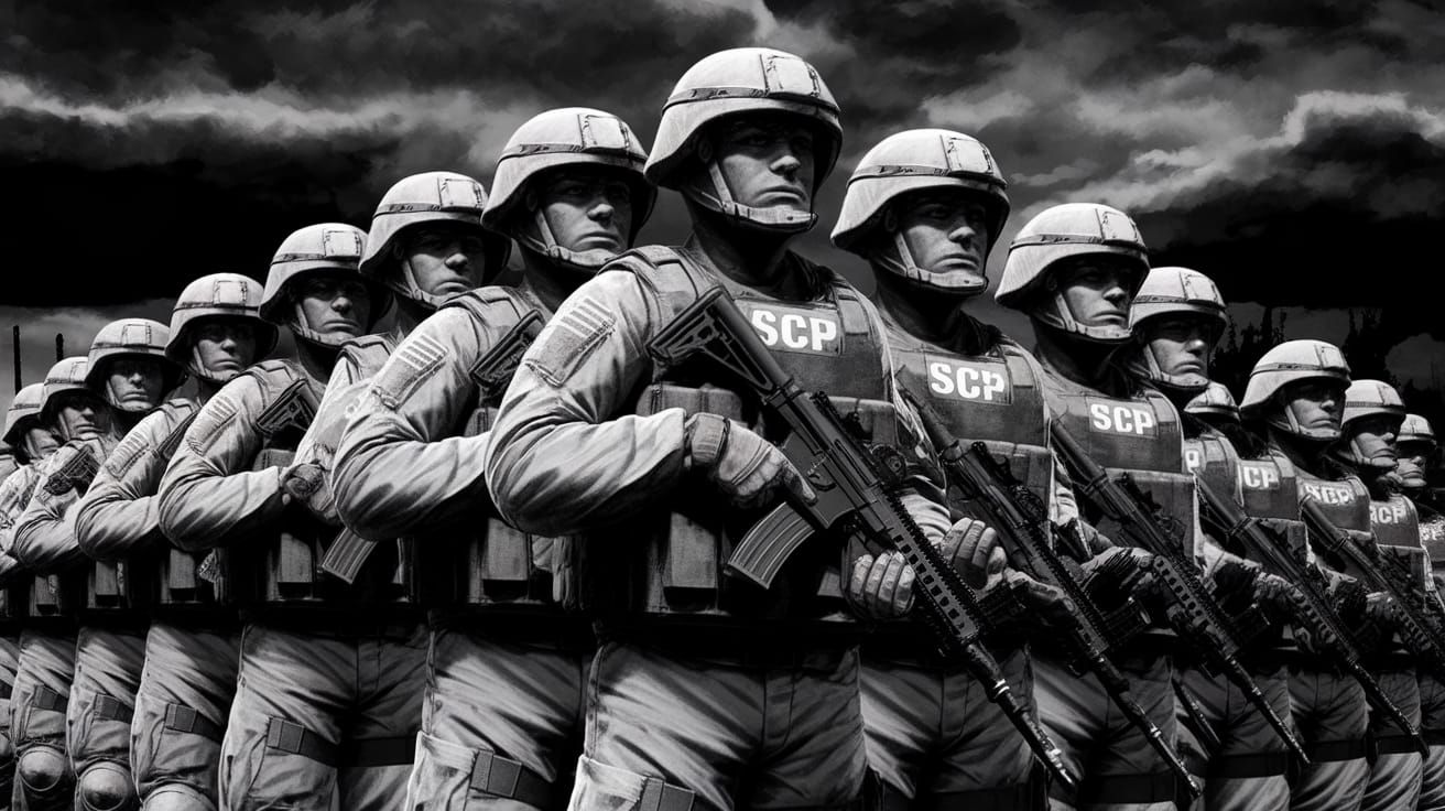 Monochrome Illustration of Armed Soldiers in Combat Gear