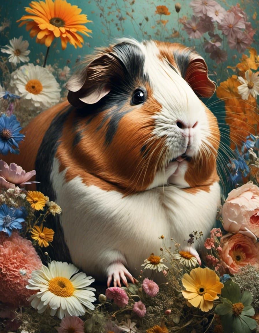 Guinea Pig Surrounded by Flowers