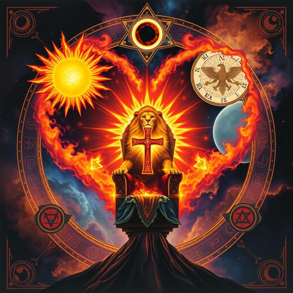 a sun and moon eclipse, a flaming lion, a glowing cross,, a ...