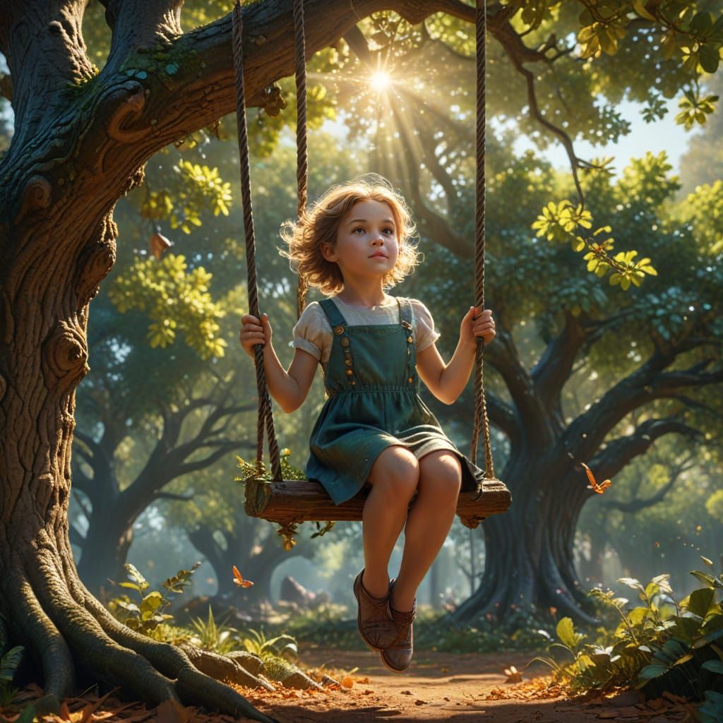Dreamlike Fantasy Illustration of Girl on Oak Swing