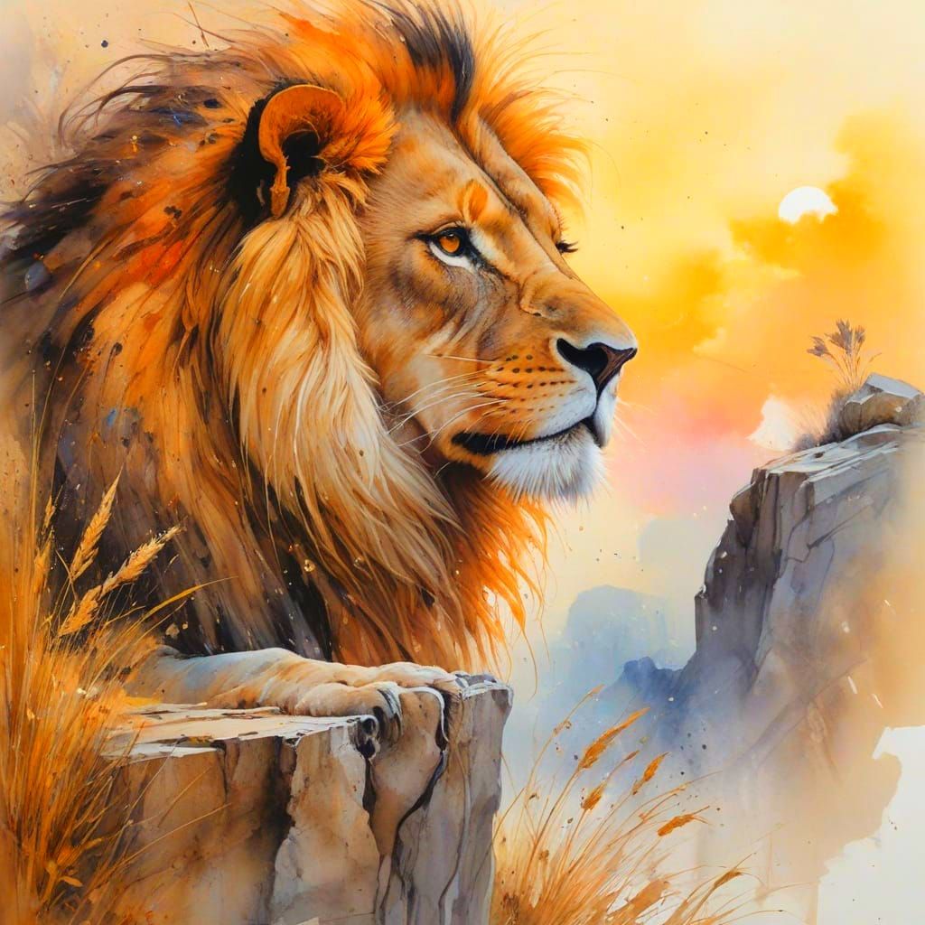 Regal Lion on Rocky Outcrop in Golden Savannah