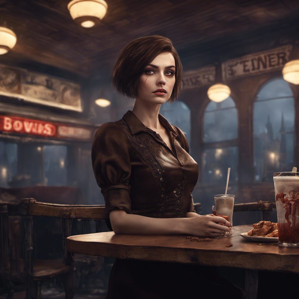 Gothic Woman in Diner: Detailed Matte Painting