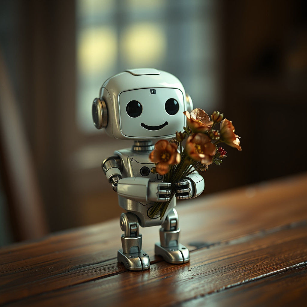 Chibi Robot with Metal Flowers, Cinematic Still