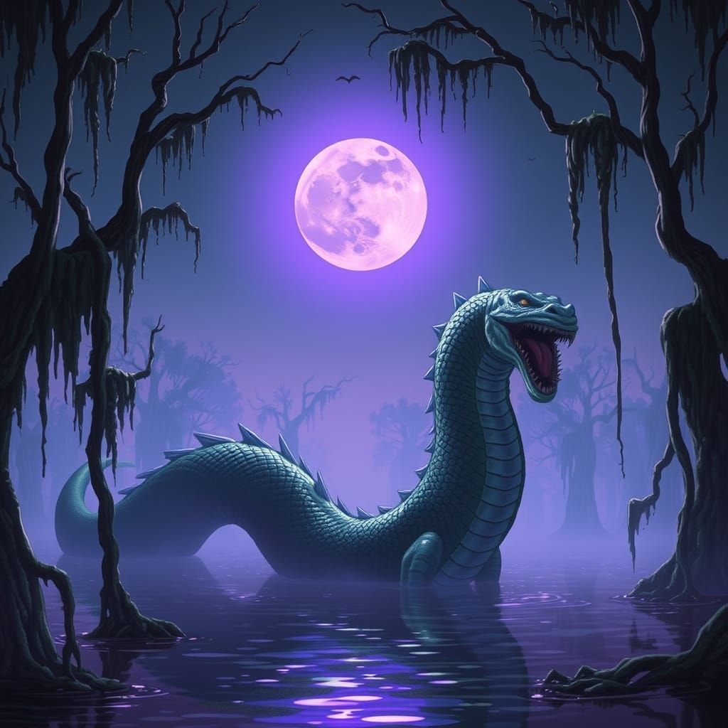 Serpentine Swamp Monster Basks in Purple Moonlight