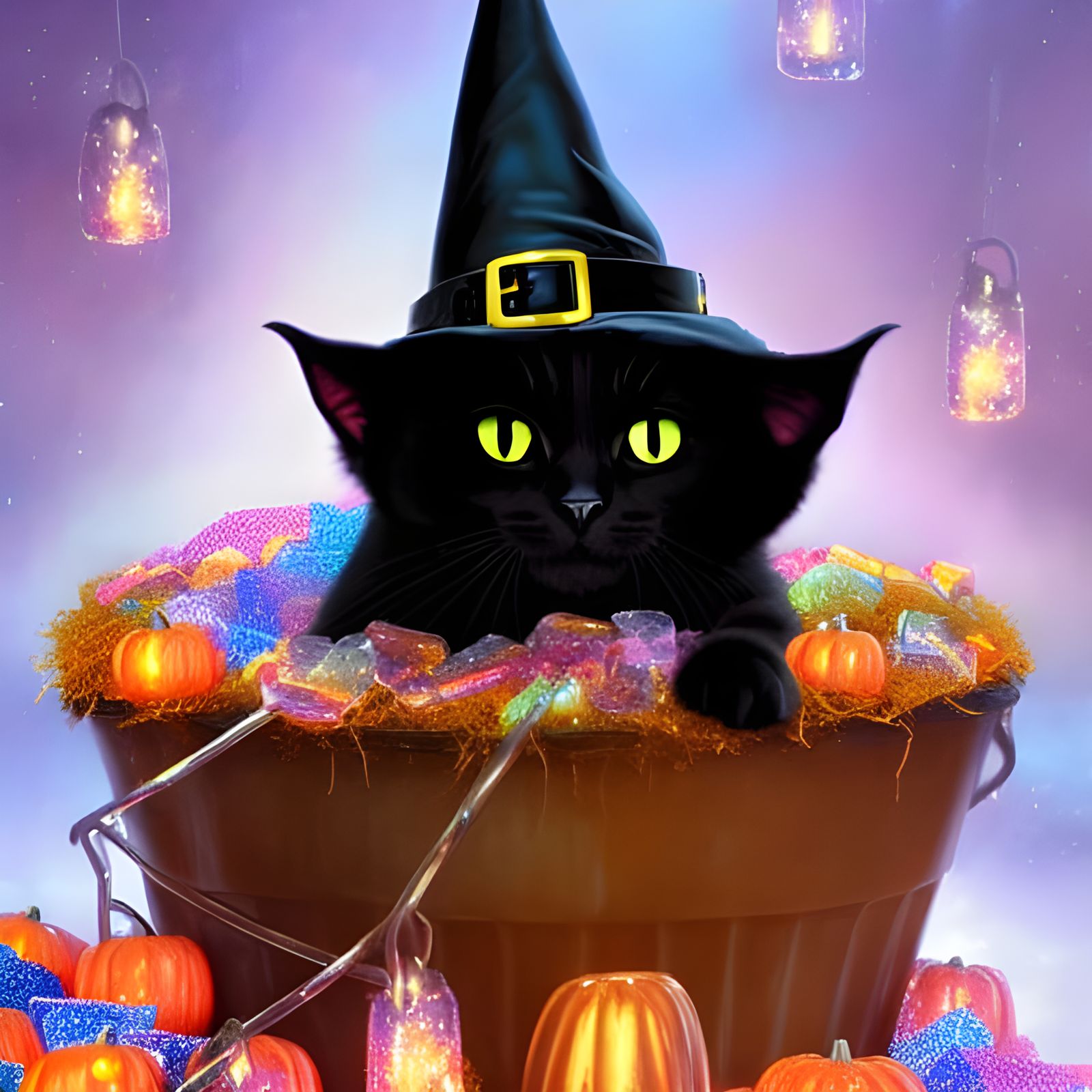 Halloween Kitty in Candy Bucket Art Nouveau