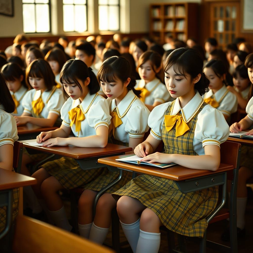 Vintage Schoolgirls Studying in a Timeless Classroom