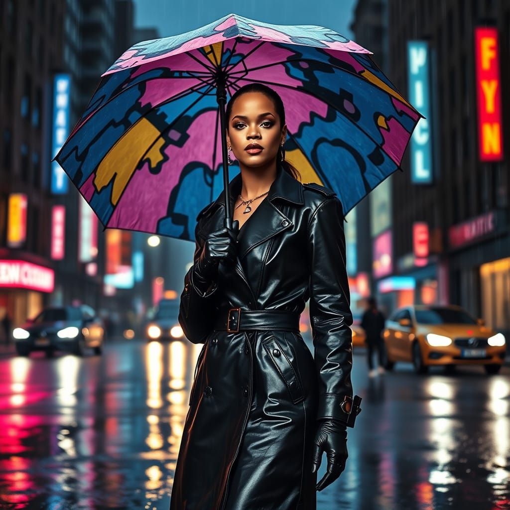 Rihanna in Black Leather, Umbrella Shining in Neon City