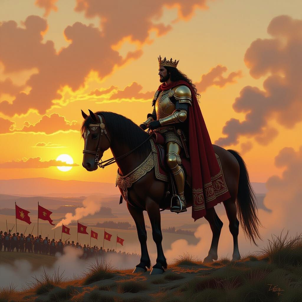 Warrior King Observes Battlefield in Golden Light