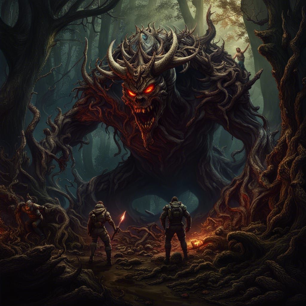 Doom Monster Hunt in Dark Forest: Fantasy Concept Art