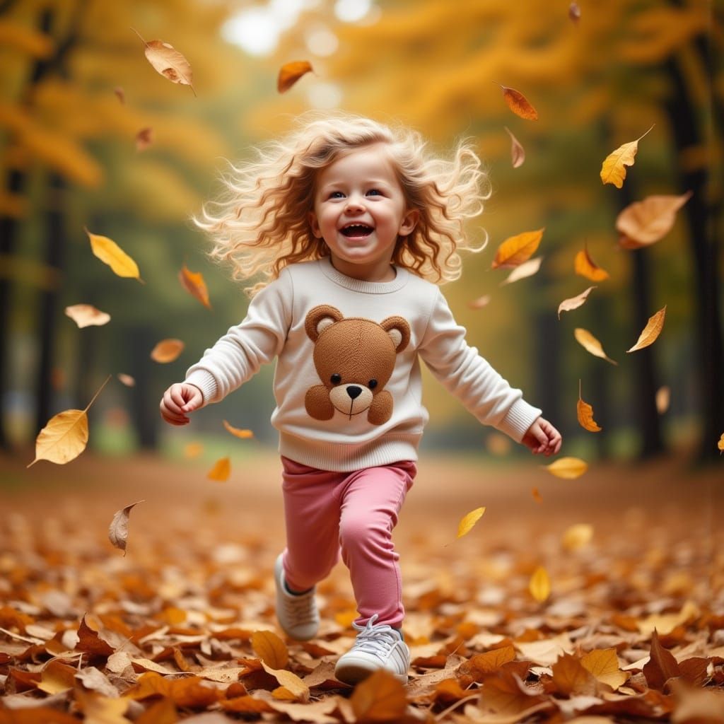 Girl Giggling as Autumn Leaves Fall