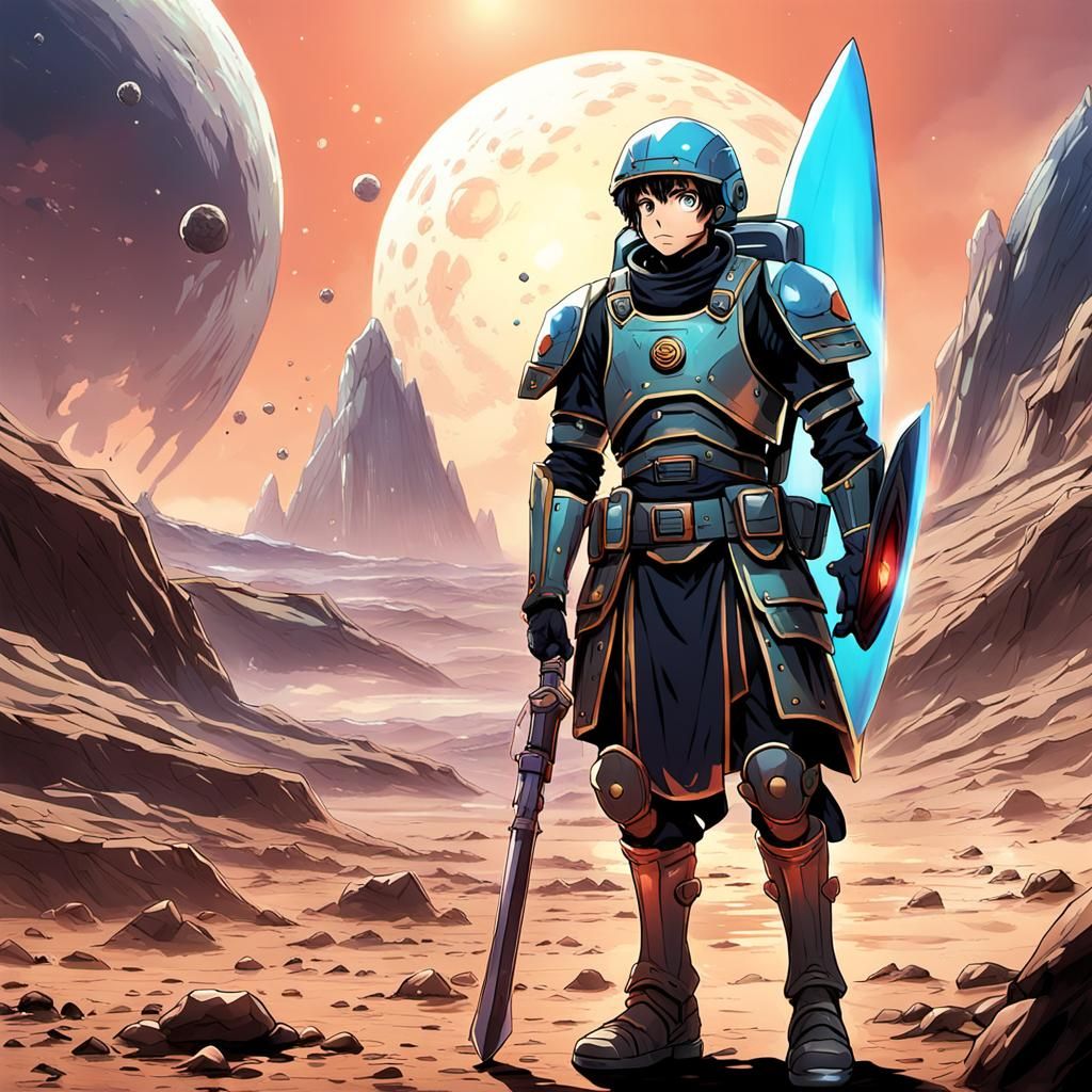 Futuristic Roman Soldier on Alien Planet in Anime Style