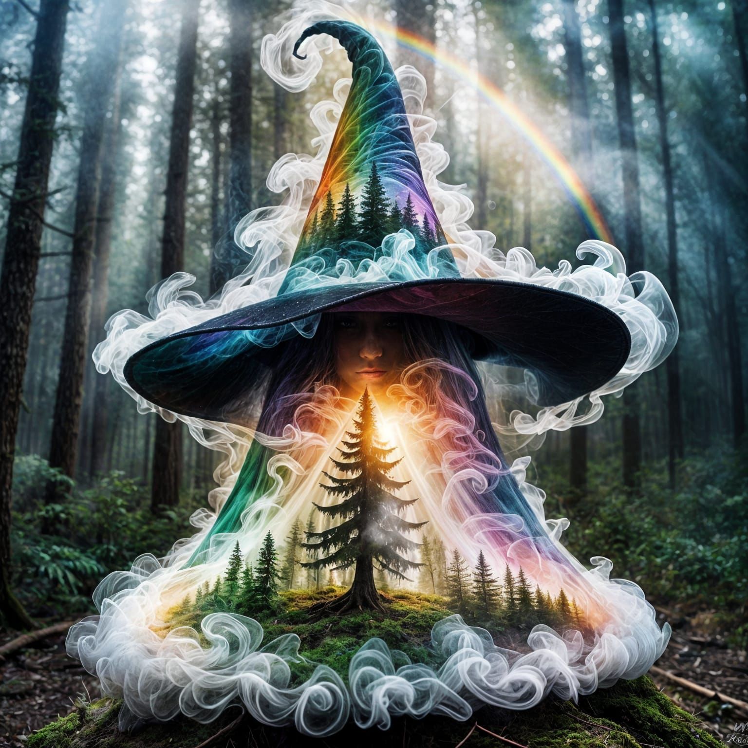 Rainbow Lit Double Exposure Witch Hat