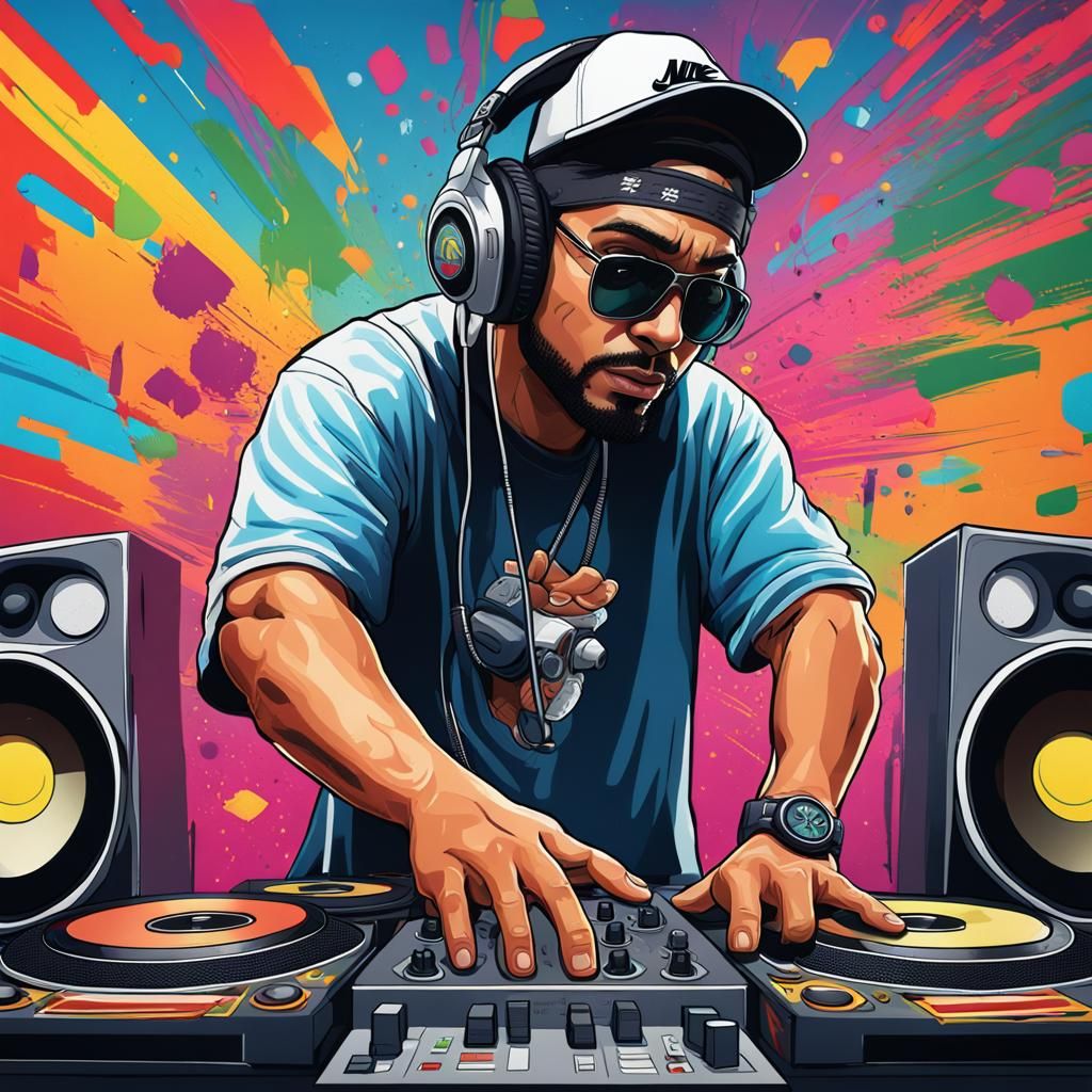 Hyperrealistic DJ with Speakers and Colorful Background
