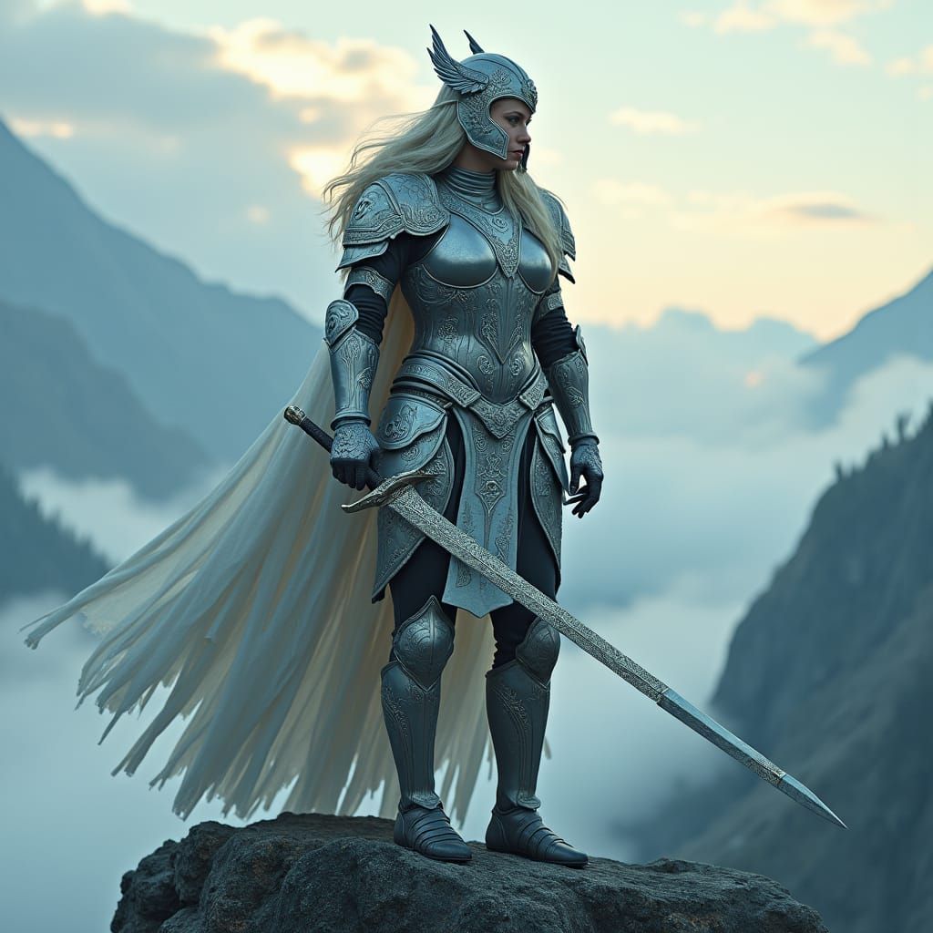Brunhilde the Valkyrie on Nordic Mountain at Dawn