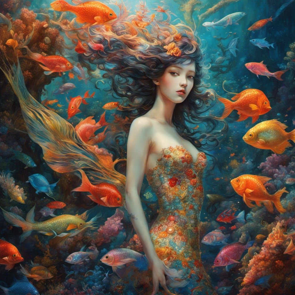 Glittery Mermaid with Colorful Fish, Digital Art