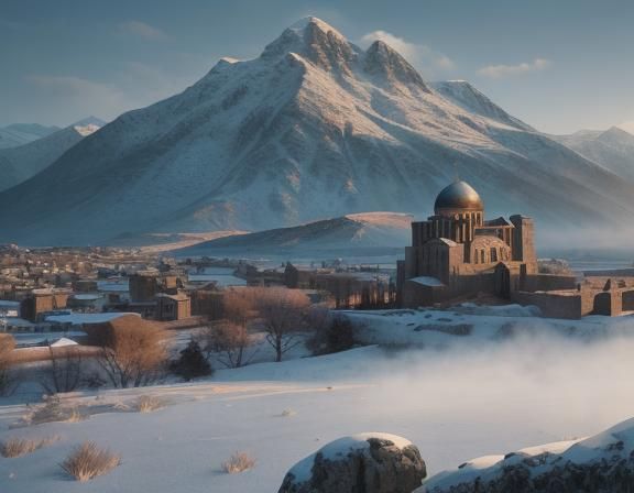 Armenian Vista with Flag in Digital Painting