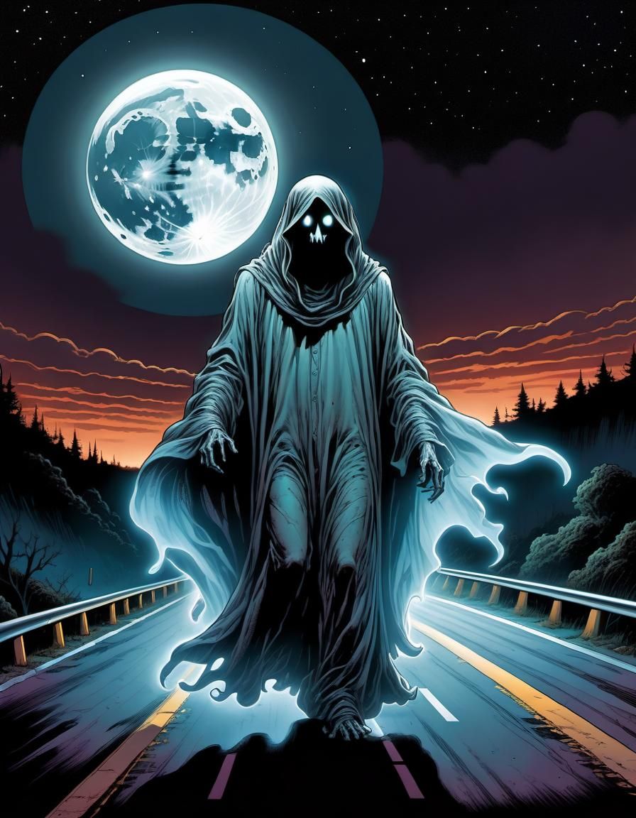 Ghostly Figure on Highway in Comic Book Art