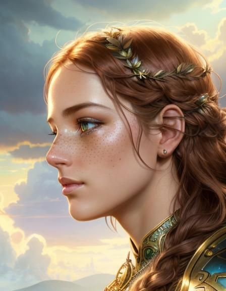 Girl with Freckles Watching Sunset, Hyperrealistic Fantasy A...