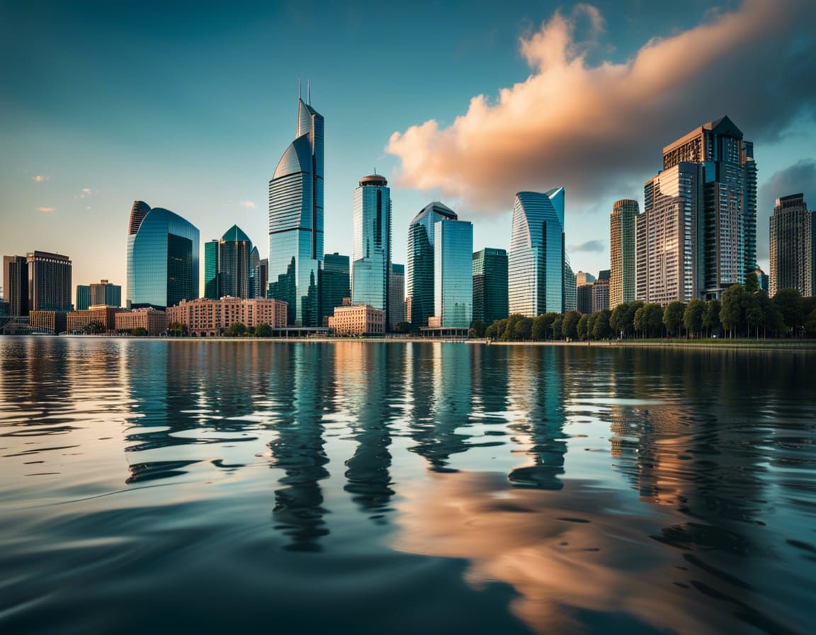 Futuristic Cityscape with Riverfront View