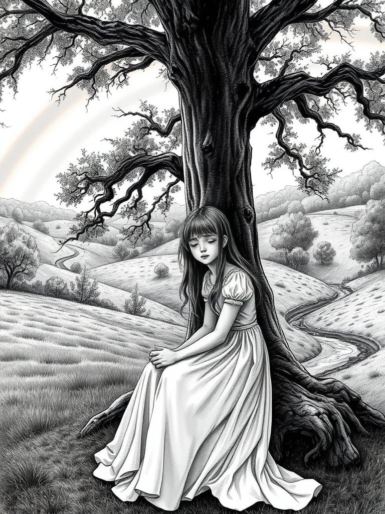 Grieving Girl in Grayscale Forest: Inky Art