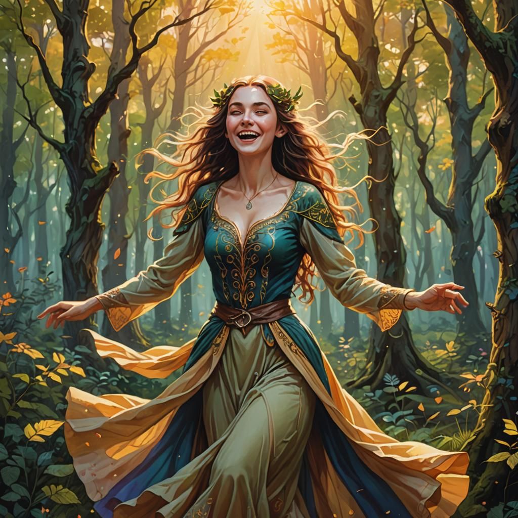 Elven Woman Dancing in Forest at Golden Hour