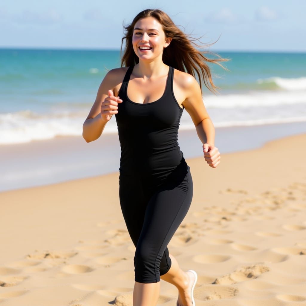 Candid Beach Photo of Smiling Woman Running