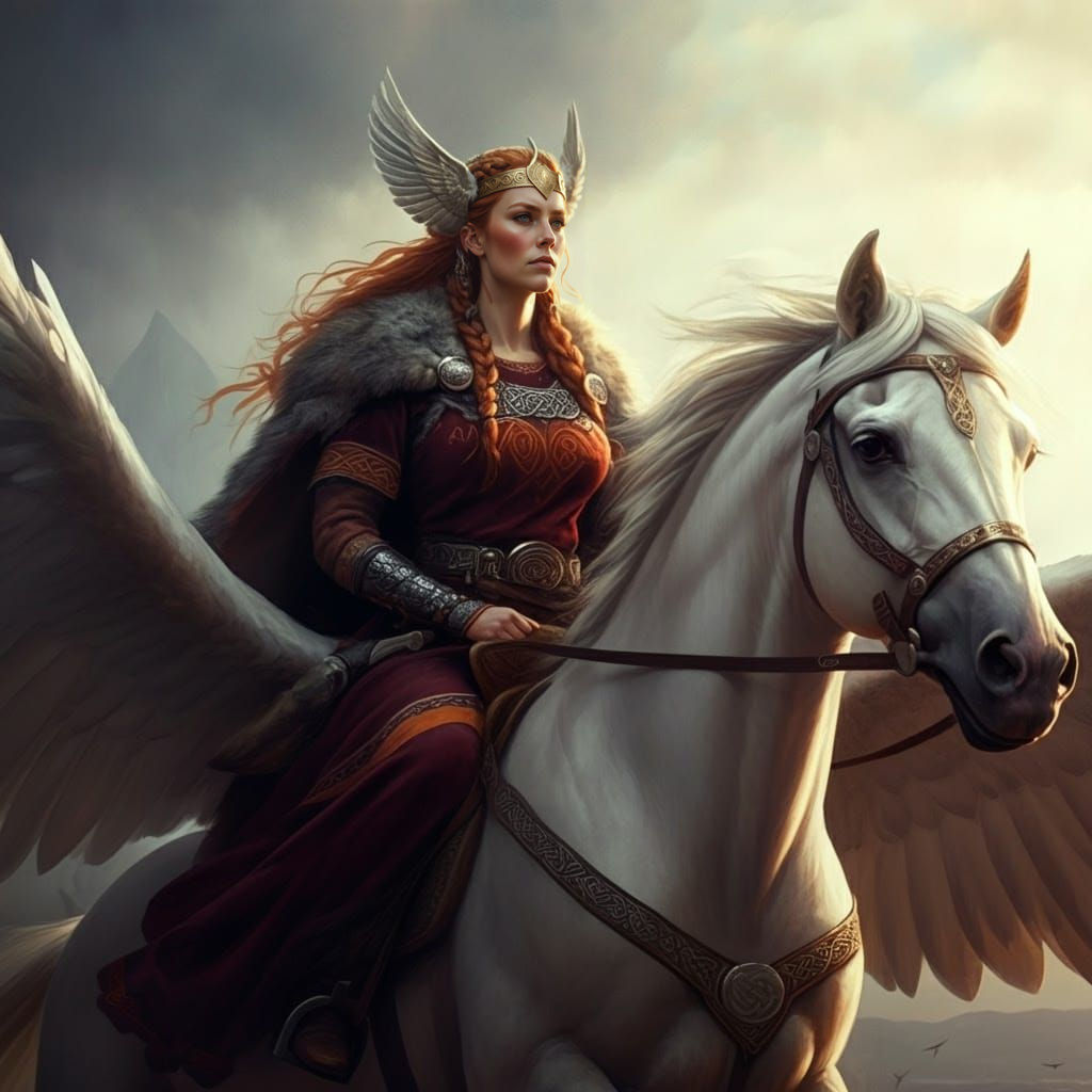 Gna, Norse Goddess, Rides Winged Horse in Valhalla