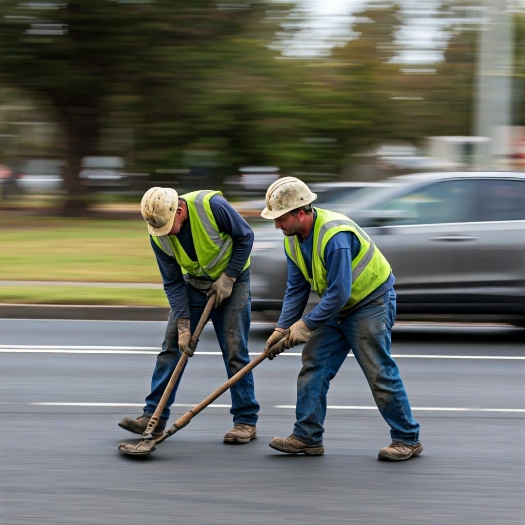Rugged Roadworkers in Gritty Realism