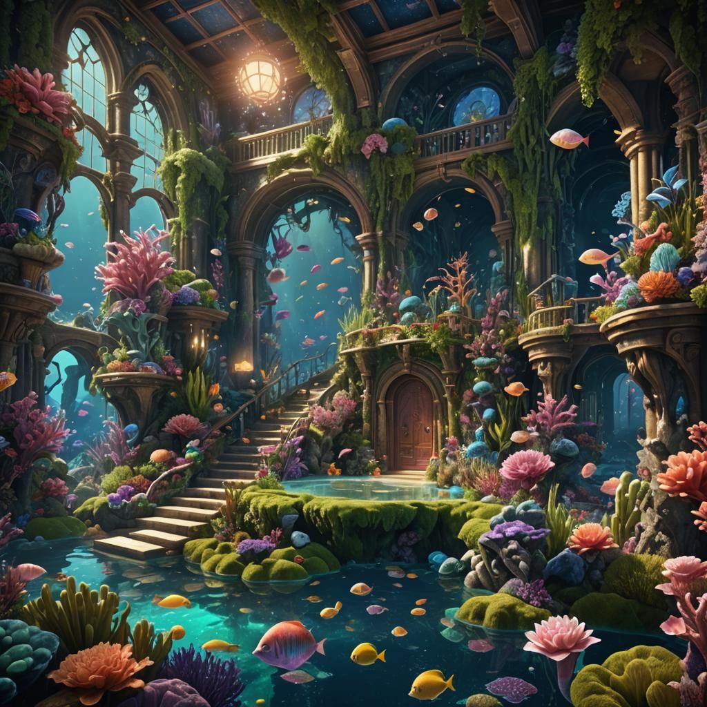 Underwater Cityscape with Mermaid in Open Fishbowl