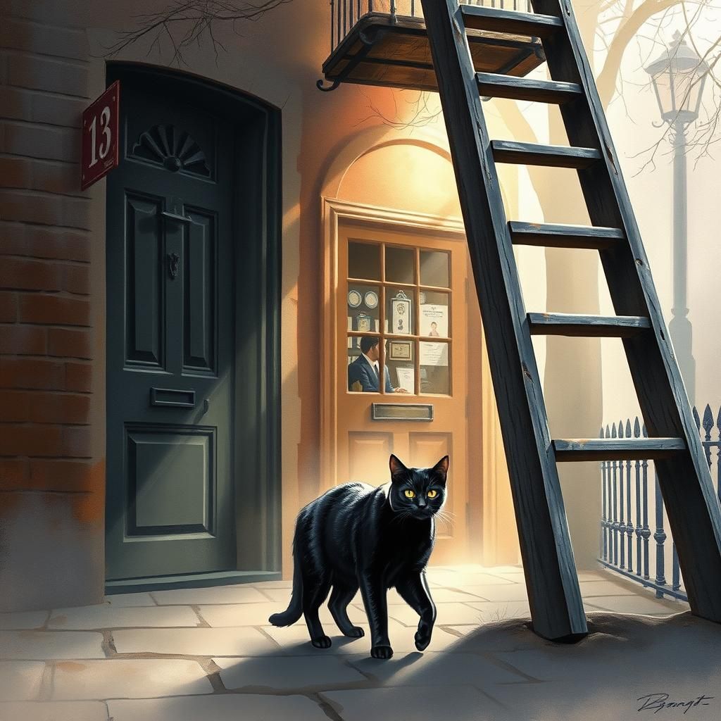 Black Cat and Ladder in Watercolor Style