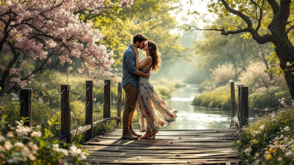 Romantic Couple Embracing on a Springtime Bridge