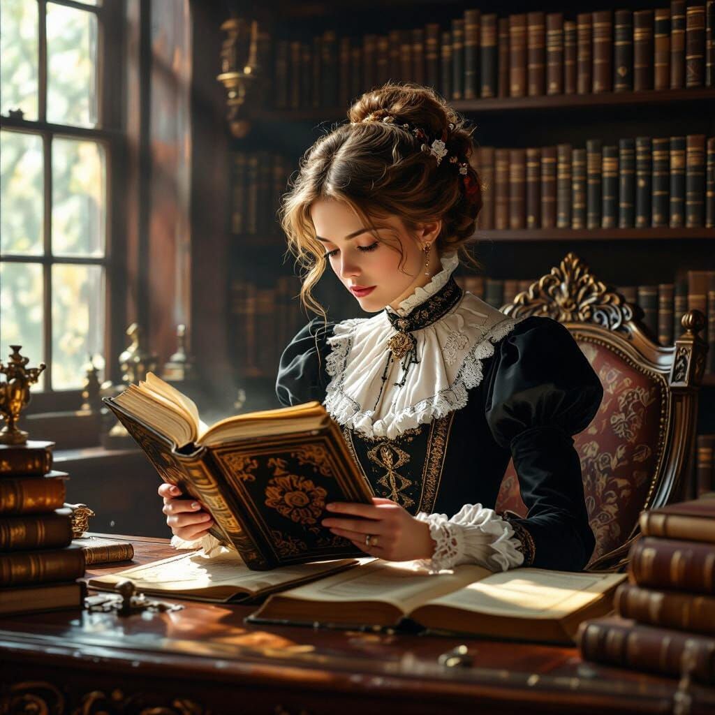 Victorian Woman Studies Ancient Book in Mystical Library