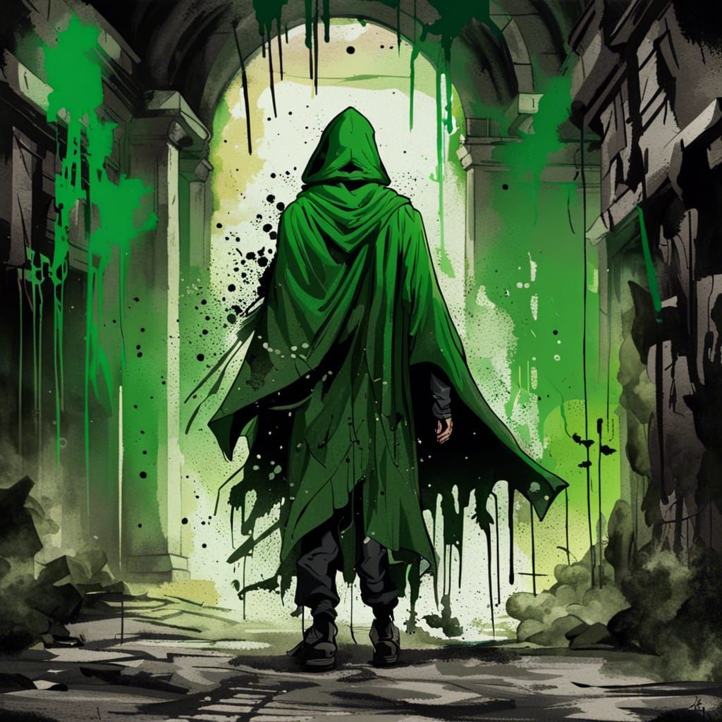 Green Cloaked Assassin in Decrepit Temple Graffiti Art