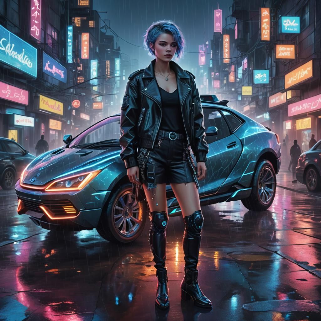 Cyberpunk Cinderella in Neon Cityscape